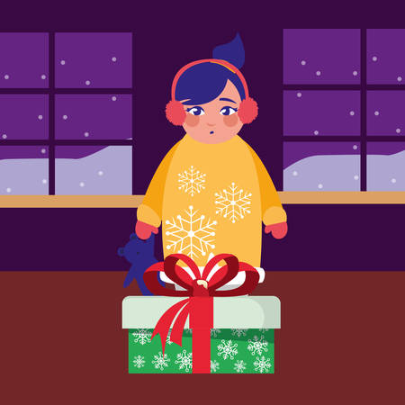 girl with christmas gift in the room vector illustrationのイラスト素材