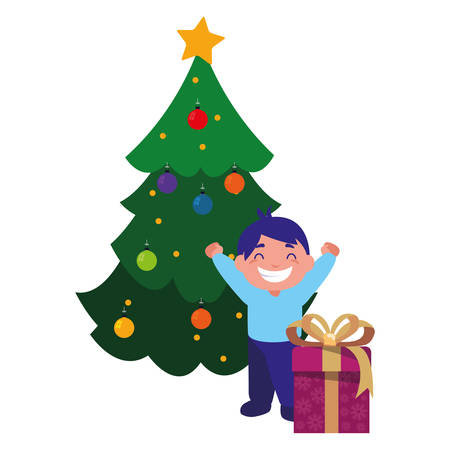 celebrating boy with christmas tree and gift vector illustrationのイラスト素材
