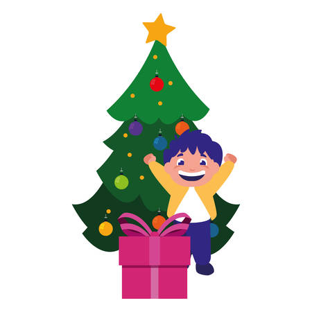 celebrating boy with christmas tree and gift vector illustrationのイラスト素材
