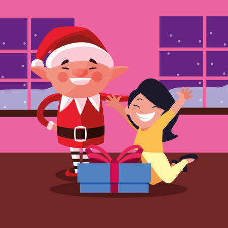 christmas elf with girl and gift vector illustrationのイラスト素材