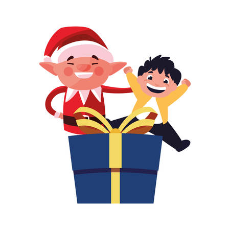 christmas elf with boy and gift vector illustrationのイラスト素材