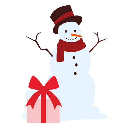 Cartoon snowman with gift box over white background, vector illustrationのイラスト素材