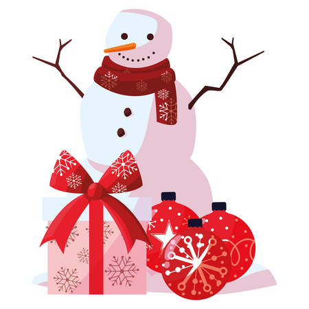 Cartoon snowman with gift box and christmas balls over white background, vector illustrationのイラスト素材