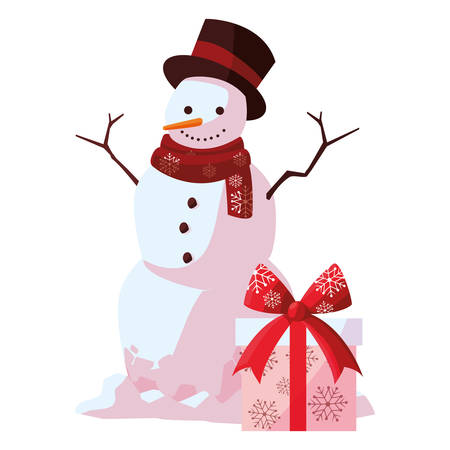 Cartoon snowman with gift box over white background, vector illustrationのイラスト素材