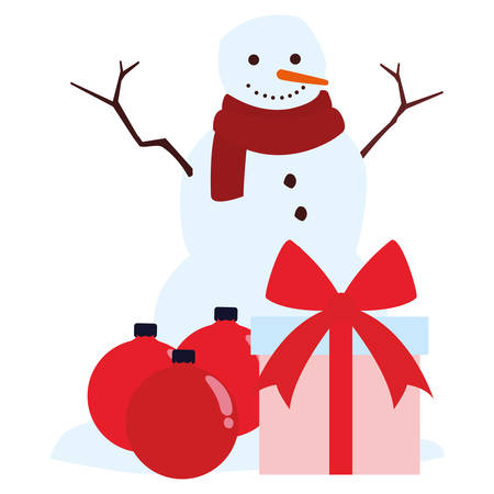 Cartoon snowman with gift box and christmas balls over white background, vector illustrationのイラスト素材