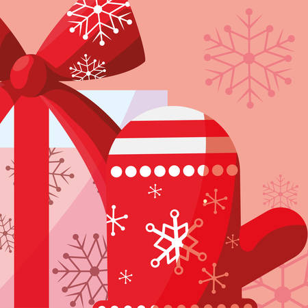 Christmas glove with gift box over red background, vector illustrationのイラスト素材