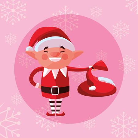 Christmas elf holding a santas sack over pink background, vector illustrationのイラスト素材