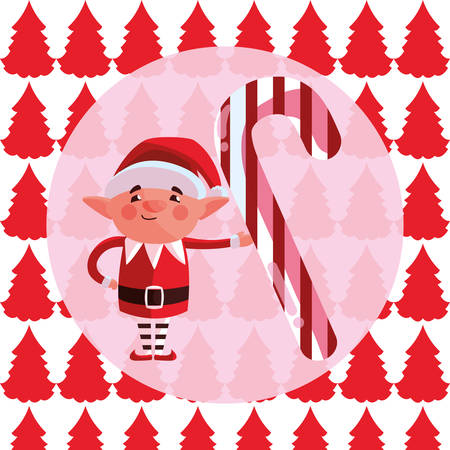 Christmas elf and candy cane over colorful background, vector illustrationのイラスト素材