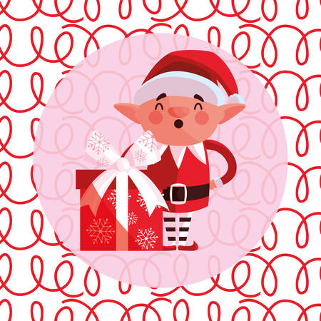 Christmas elf and gift box over colorful background, vector illustrationのイラスト素材