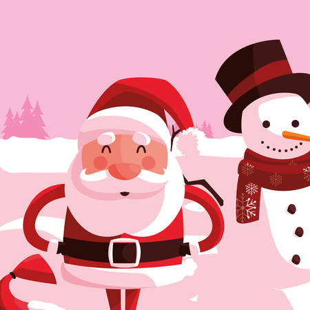 Santa claus and snowman over pink background, vector illustrationのイラスト素材