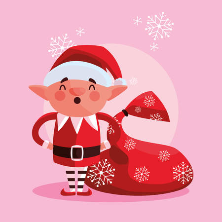 Christmas elf with christmas bag over pink background, vector illustrationのイラスト素材