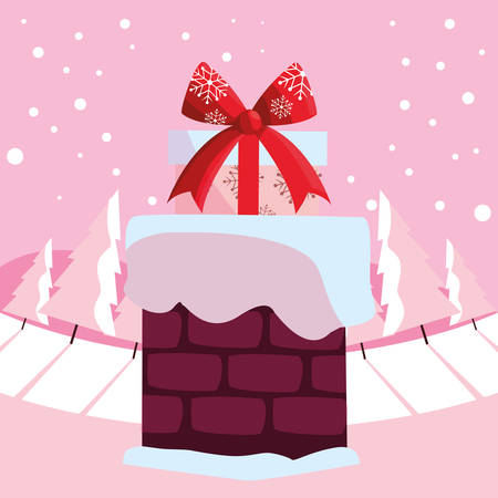 Chimney with gift box over white background, vector illustrationのイラスト素材