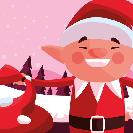 Christmas elf with christmas bag over pink background, vector illustrationのイラスト素材
