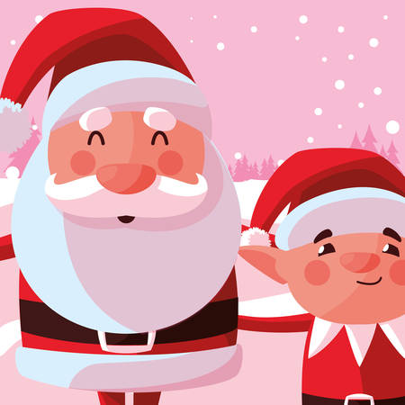 Santa claus and christmas elf over pink background, colorful design. vector illustrationのイラスト素材