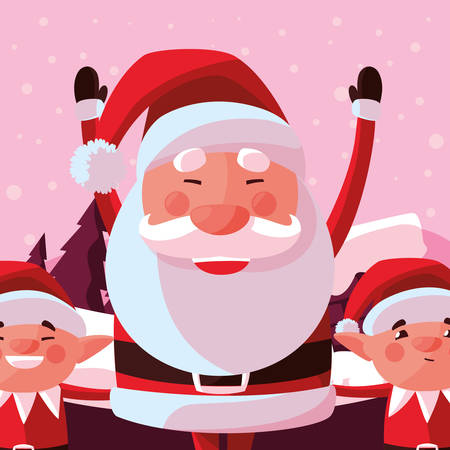 Santa claus and christmas elfs over pink background, vector illustrationのイラスト素材