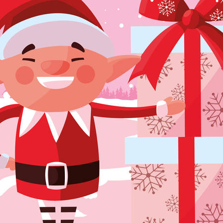 Christmas elf with gift boxes over pink background, vector illustrationのイラスト素材
