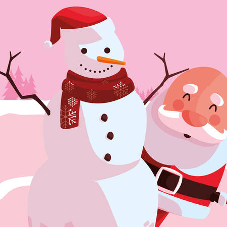 Santa claus and snowman over pink background, vector illustrationのイラスト素材