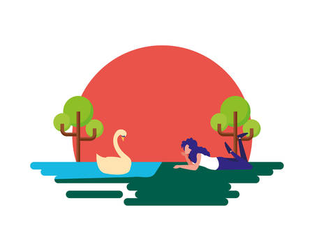 woman with a swan in the landscape vector illustrationのイラスト素材