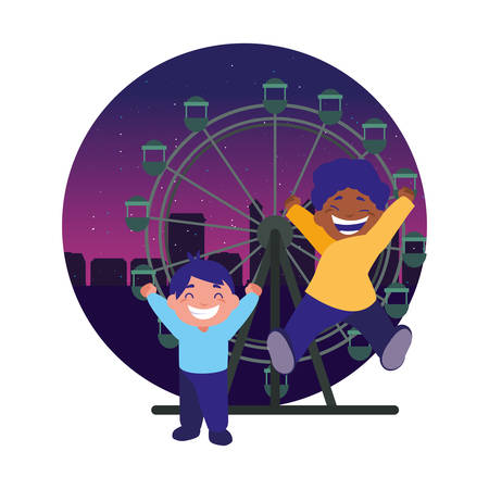 two happy boys carnival ferris wheel vector illustrationのイラスト素材