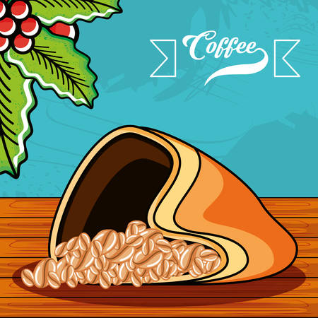 coffee sack in wooden table vector illustration designのイラスト素材