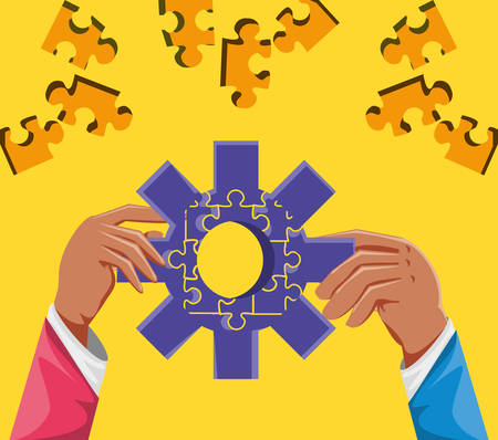hands with puzzle pieces in shape gear vector illustration designのイラスト素材