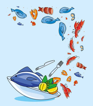 delicious set of sea food in dish vector illustration designのイラスト素材