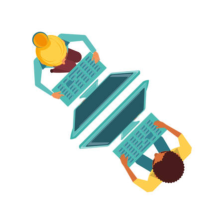 view aerial of couple with desktop computers vector illustration designのイラスト素材