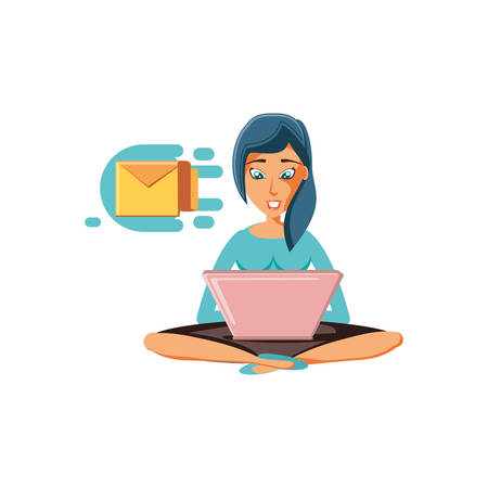 woman sitting with laptop and envelope mail vector illustration designのイラスト素材