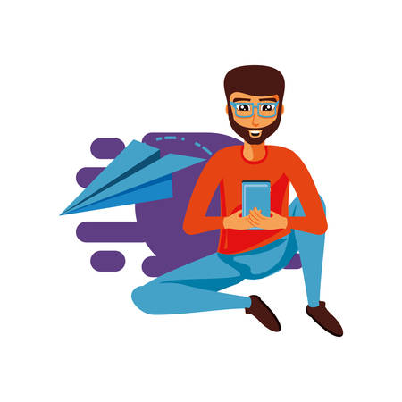 man sitting with smartphone and airplane paper vector illustration designのイラスト素材