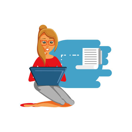 woman sitting with laptop computer and paper receipt vector illustration designのイラスト素材