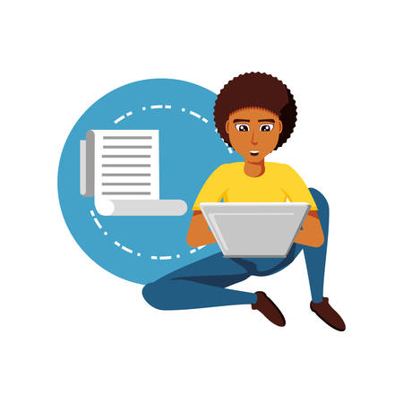 man black sitting with laptop computer and paper receipt vector illustration designのイラスト素材