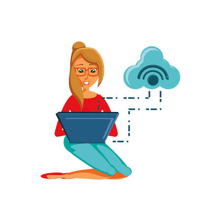 woman sitting with laptop and cloud computing vector illustration designのイラスト素材