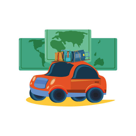 tourism little car with world map vector illustration designのイラスト素材