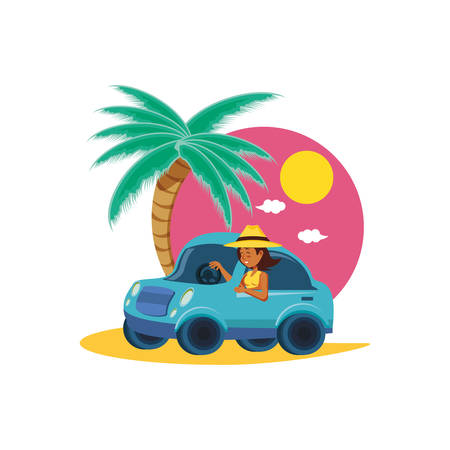 woman driving tourism little car in seascape vector illustration designのイラスト素材