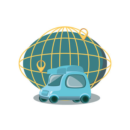 little delivery car with sphere planet vector illustration designのイラスト素材