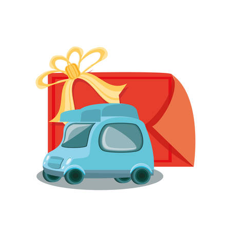 little delivery car with gift stamp vector illustration designのイラスト素材