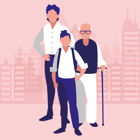 Old man with his family over landscape background, colorful design. vector illustrationのイラスト素材