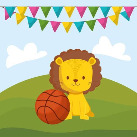 cute circus lion with basket balloon vector illustration designのイラスト素材