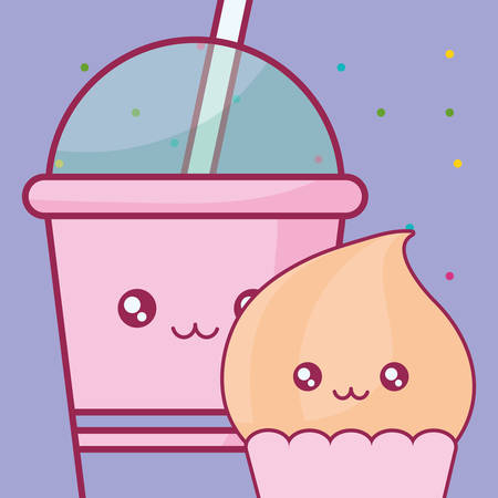 plastic cup with straw and cupcake kawaii characters vector illustration designのイラスト素材