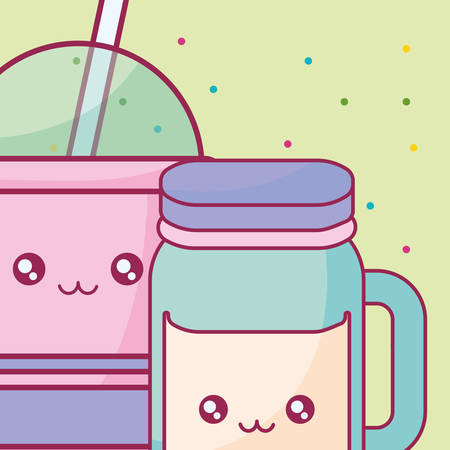 plastic cup with straw and jar kawaii characters vector illustration designのイラスト素材
