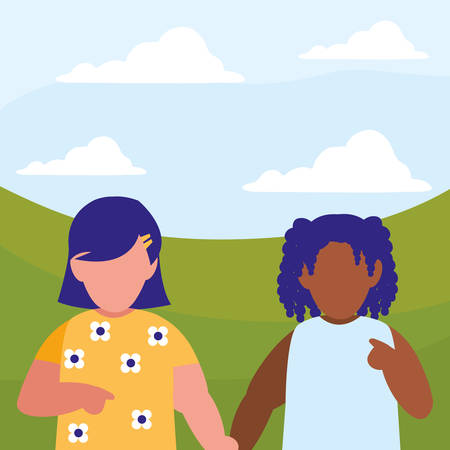 beautiful little girls interracial couple characters vector illustration designのイラスト素材
