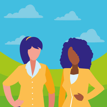 couple of girls interracial characters vector illustration designのイラスト素材