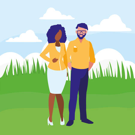 young interracial couple avatars characters vector illustration designのイラスト素材