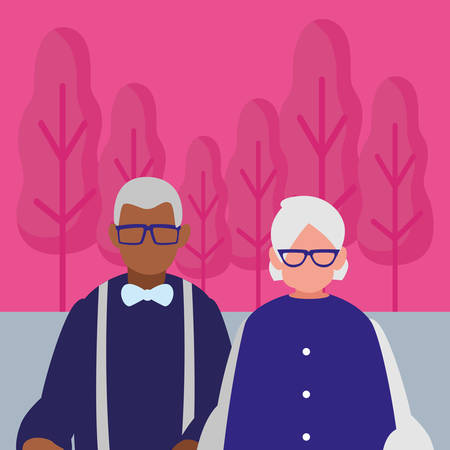cute grandparents couple interracial characters vector illustration designのイラスト素材