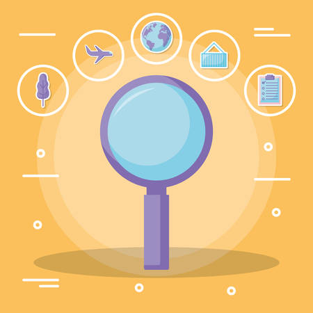 Magnifying glass with delivery related icons Over yellow background, vector illustrationのイラスト素材
