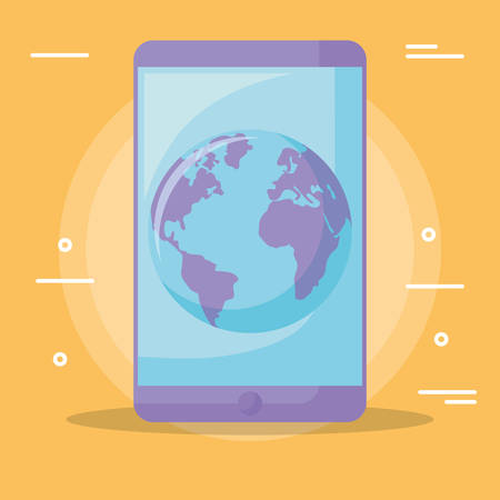Smartphone device with earth planet icon on screen Over yellow background, vector illustrationのイラスト素材