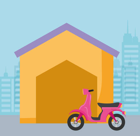 Motorcycle and house over white background, vector illustrationのイラスト素材