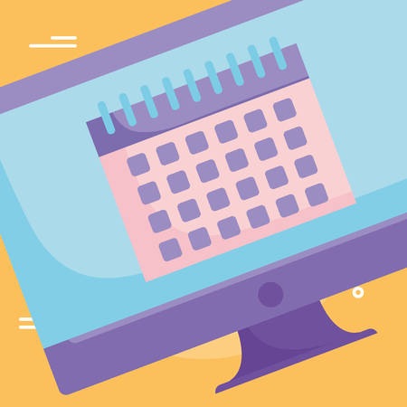 Computer with calendar icon on screen Over yellow background, vector illustrationのイラスト素材