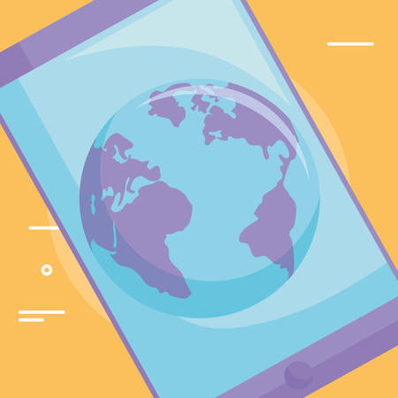 Smartphone device with earth planet icon on screen Over yellow background, vector illustrationのイラスト素材
