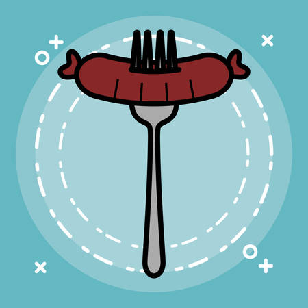 Fork with sausage over blue background, vector illustrationのイラスト素材